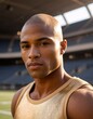 © Tianci - A man in a gold tank top stands in a stadium, gazing directly at the camera with a serious expression.