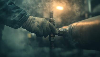 Poster - An industrial worker adjusts a valve on a pipe, surrounded by steam and dim lighting, showcasing a gritty, mechanical environment.
