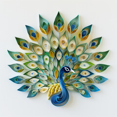 Wall Mural - A quilled paper art of a vibrant peacock, each feather formed with individually curled paper strips in shades of blue, green, and gold, arranged in a fan-like shape.