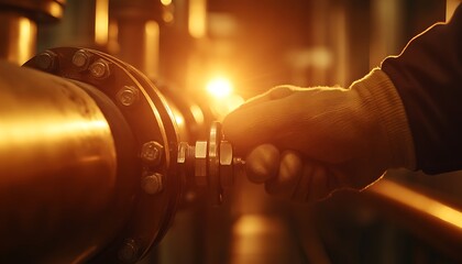 Poster - A worker adjusts a valve on a piping system, illuminated by warm sunlight, highlighting industrial maintenance and safety.