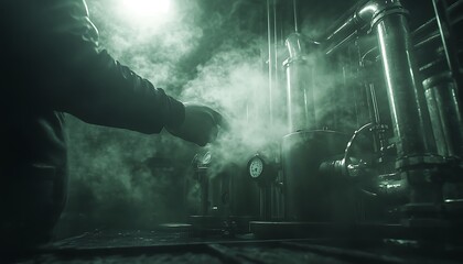 Fototapete - A dimly lit industrial scene with a hand manipulating a valve, surrounded by steam and metal pipes, conveying a sense of mysterious activity.