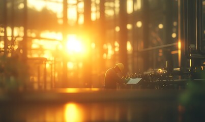 Aufkleber - A serene sunset illuminates a tranquil setting, highlighting a solitary figure engaged in quiet reflection or creative work.
