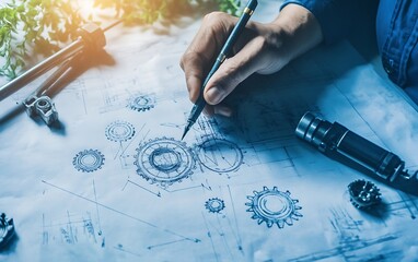 Poster - A hand sketches gear designs on a blueprint, highlighting creativity and engineering concepts amidst tools and greenery.