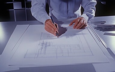 Fototapete - A person drawing or drafting on a large sheet of paper, surrounded by tools and materials used for design or engineering work.