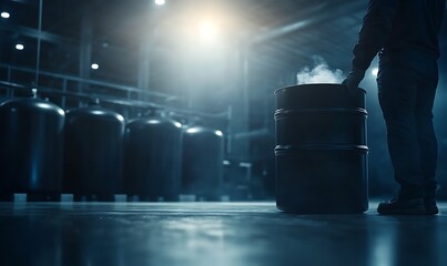 Poster - A silhouette of a person handling a steaming container in a dimly lit industrial setting with multiple cylinders in the background.