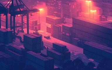 Poster - A vibrant, pixelated scene of a cargo area with stacked containers, illuminated by glowing lights, creating a futuristic atmosphere.