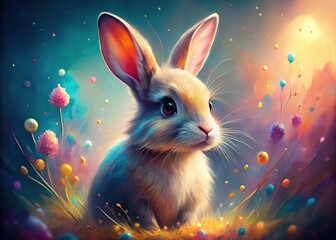 Cute bunny art, surreal photo, dreamy watercolor.