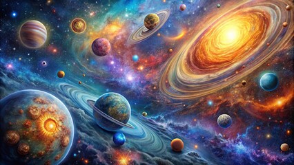 Wall Mural - a celestial tapestry of swirling galaxies, luminous stars, and vibrant planets, each adorned with sw