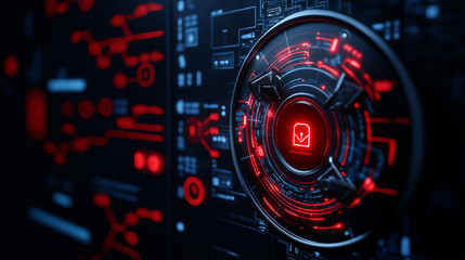 Aufkleber - close up of futuristic authentication device with glowing red elements, showcasing intricate digital patterns and technology. device symbolizes security and advanced technology