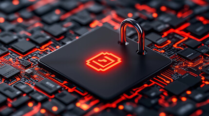 Aufkleber - digital security program symbolizing protection and technology, featuring lock on circuit board background. vibrant red and black colors enhance theme of cybersecurity
