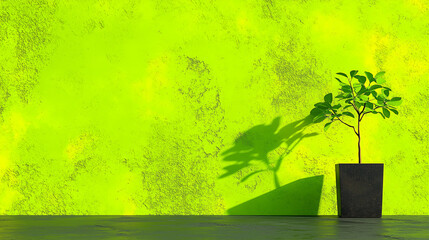 Aufkleber - small potted plant casts shadow on vibrant green wall, creating lively atmosphere. contrast between plant and wall enhances visual appeal
