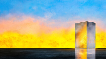 Poster - tall, reflective structure stands against vibrant sunset sky, showcasing hues of orange and blue. scene evokes sense of tranquility and contemplation