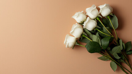 Poster - soft and inviting image of white roses arranged elegantly on beige background, showcasing their delicate petals and lush green leaves