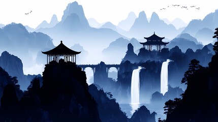 traditional blue and black waterfall landscape painting illustration poster background