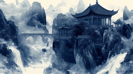 traditional blue and black waterfall landscape painting illustration poster background