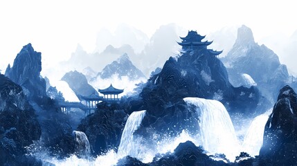 traditional blue and black waterfall landscape painting illustration poster background
