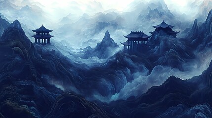 traditional blue and black waterfall landscape painting illustration poster background