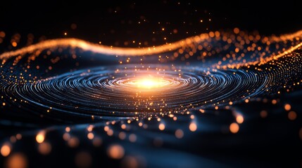 Abstract Circular Light Pattern with Glowing Particles on Black Background