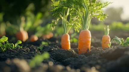 Wall Mural - Close-up of fresh carrots growing in soil with green leaves in the garden.