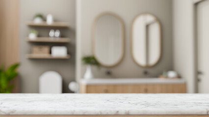 A white marble tabletop set against a blurred background of a modern bathroom.