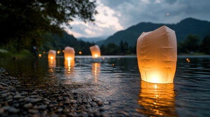 Wall Mural - 山を背景にした夕暮れの静かな川で魅惑的なランタン放ち