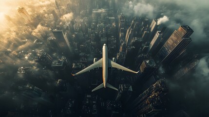 Wall Mural - Airplane Flying Over a City with Clouds and Sun