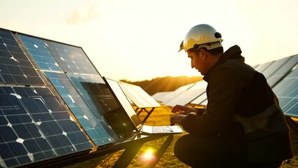 Technician Inspecting Solar Panels While Using a Laptop at Sunset Generative AI