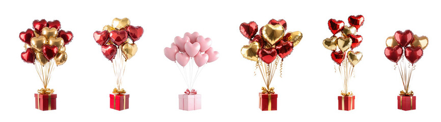 Collection of Gold and red heart shape balloons flying attach with red gift box with gold ribbon isolate on transparent background