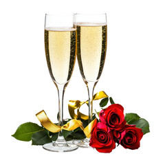 Two glasses of champagne with gold ribbon and red roses isolate on transparent background