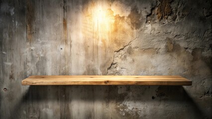 Wall Mural - A wooden shelf against a rough textured wall with a soft light shining from above.