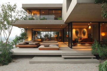 Wall Mural - contemporary concrete house with expansive glass doors seamlessly blending with a minimalist gravel 