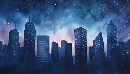 Wall Mural - Watercolor Cityscape Under a Starry Night Sky