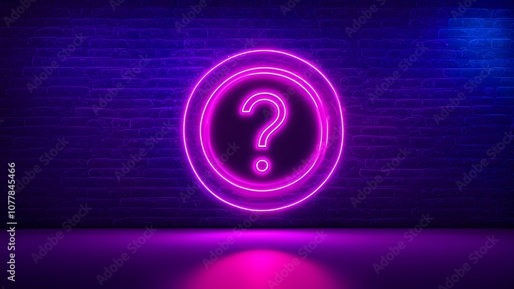Neon Question Mark in a Circle, Glowing Brightly on a Dark Brick Wall ...