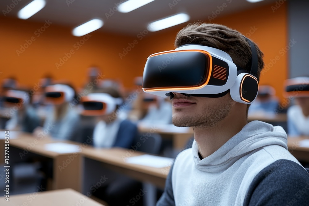 Student in a high-tech classroom with VR headsets and digital learning ...