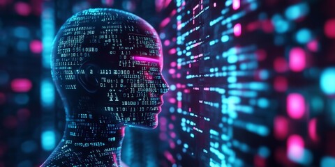 Futuristic AI coding agent concept with digital code, artificial intelligence, and tech innovation. Ideal for illustrating advanced technology, machine learning, and programming. 