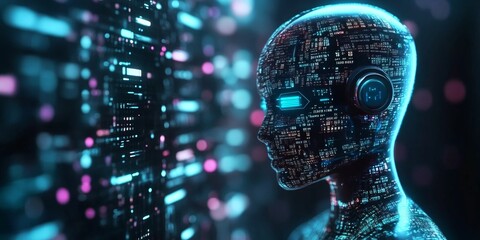 Futuristic AI coding agent concept with digital code, artificial intelligence, and tech innovation. Ideal for illustrating advanced technology, machine learning, and programming. 
