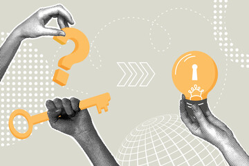 fancy halftone collage. concept of problem solving, finding the answer to solve a problem, picking a