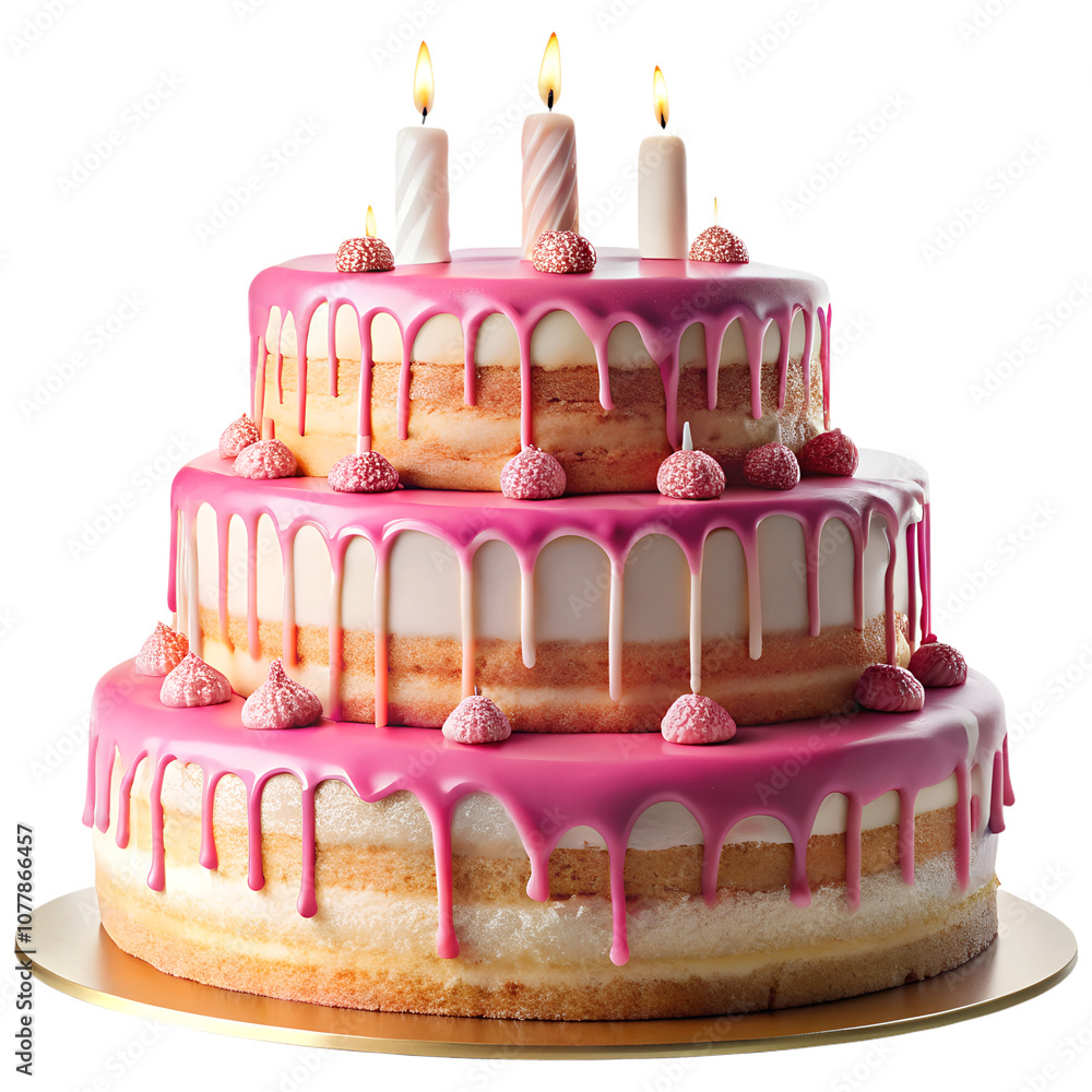 Birthday cake with candles and Pink syrups on a transparent background ...