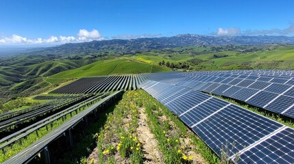 Leinwandbilder - Explore the expansive field of solar panels nestled among rolling hills under a clear blue sky