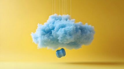 Wall Mural - Blue Cloud 3D Render Hanging from Strings in Yellow Background