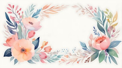 Wall Mural - Watercolor Floral Border with Pink and Peach Flowers