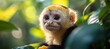 © Bilal - A solitary capuchin monkey sitting on a branch in the Amazon rainforest, curiously examining a piece of fruit. The surrounding trees and vines are dense with leave.