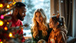 © Artbotics - Diverse group of friends sharing festive holiday moments near a decorated Christmas tree, with snow visible through window and warm bokeh lights creating cozy atmosphere.