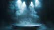 © Thiago - Empty theatre spotlights stage smoke dramatic cinematic fog background dark mockup scene podium illuminated spotlight dais effect theatrical. Cinematic. Illustration