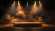 © Thiago - Empty theatre spotlights stage smoke dramatic cinematic fog background dark mockup scene podium illuminated spotlight dais effect theatrical. Cinematic. Illustration