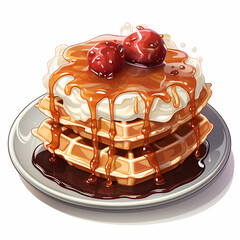 Wall Mural - Belgian waffles with chocolate syrup and cherries.  illustration.