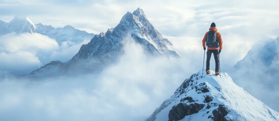 Wall Mural - a lone hiker stands on the summit of a snow-capped mountain, looking out at a sea of clouds and dist