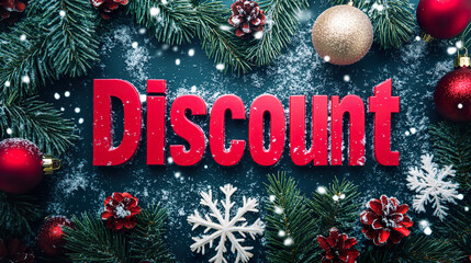 Wall Mural - Festive holiday discount sign surrounded by snowflakes, pine branches, and ornaments