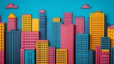 Vibrant and surreal 3D of a pop art inspired cityscape with modern geometric skyscrapers highrise towers and a colorful abstract background in bold contrasting tones