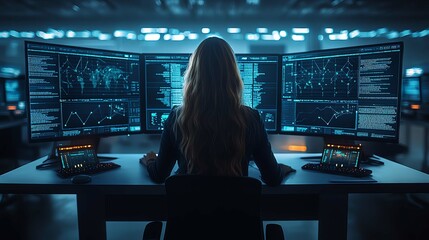 woman working at multiple monitors, analyzing data in a modern tech environment.